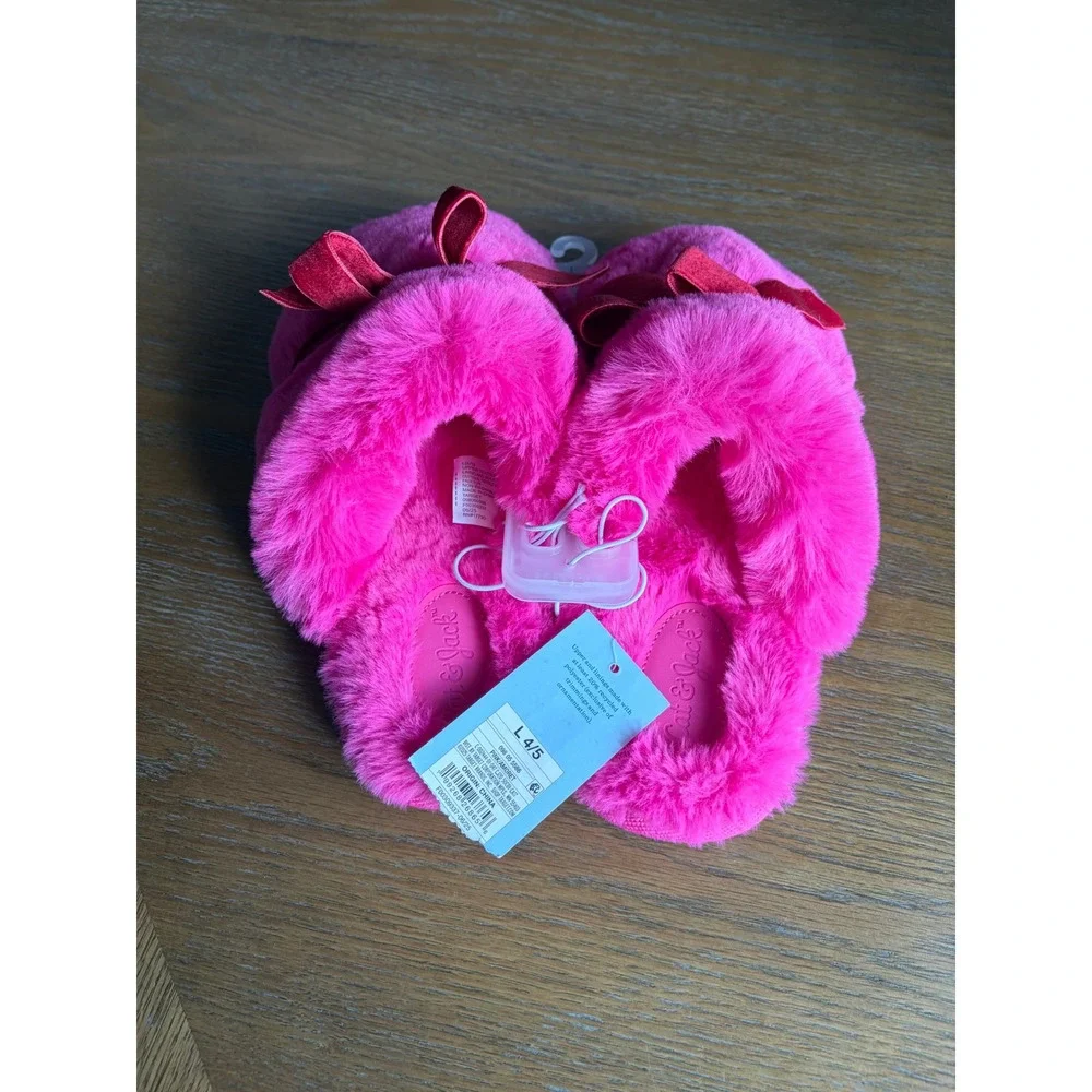 Cat & Jack Girls Pink Faux Fur Slippers Red Velvet Bow Size L 4/5 New
